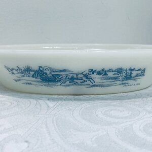 VNTG Currier & Ives Glasbake Milk Glass Divided Casserole THE ROAD IN WINTER